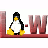 Pixelated penguin with black and white body, yellow beak and feet stands on red shelf beneath large pink 'LW' letters.