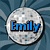 Circular silver disco ball icon with blue text or bar elements on a blue patterned background.
