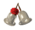 Two silver bells with red flower tops rotate in a of four and four against a gray background