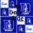 Blue and white pixelated grid with central text 'The Dark Side' surrounded by abstract shapes and icons.