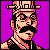 Pixel art portrait of a character with mustache and hat against purple background, rendered in 8-bit style with pink/orange tones.