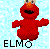 Pixelated red Sesame Street character with orange nose and black eyes, standing against light blue background with white pixel patterns, text "ELMO" below in bold black letters.