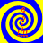 Four identical spiral-patterned icons with blue and yellow concentric rings, each containing red text elements arranged vertically.
