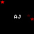 Black background with white 'AJ' text repeated in a , red and dark red stars scattered across the scene, and a gray rectangle in the bottom-right corner