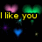 Animated icon with yellow text and colorful hearts on black background, showing text changes and heart animation.