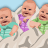 Pixelated static image of three babies in a row, each wearing different colored shirts and standing on a light background with subtle shadows.