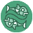 Green circular icon with pixelated fish forming a loop, white eyes and fins on dark green outlines against solid background.