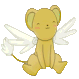 Animated golden-brown creature with white wings and tail, sitting with closed eyes and pink cheeks, holding a white flower in left hand.