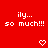 Red background with white pixelated text 'ily... so much!!!' repeated twice and two heart symbols below.