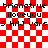 Red and white checkered background with repeated text elements and a pixelated face outline in the center.