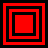 Four red and black square frames arranged in a , each containing nested squares with alternating color layers