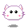 Four pixelated cat head icons arranged in a , each with white fur, pink cheeks, black eyes, and purple outlines on a gray background