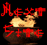 Red stylized text above a brown bowl with animated flames, displayed in a on black background