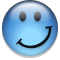 A static blue circular emoji with two gray oval eyes and a black curved smile, rendered in pixelated style against light gray background.