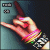 A hand making a rock-on gesture with pink nail polish, wearing colorful bracelets and a black-and-white patterned wristband against a teal background.