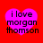 Four identical pink heart-shaped icons with black text reading "i love morgan thomson" on a solid red background.