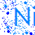 Blue pixelated text 'Nico' and partial 'le' on white background with scattered blue dots, gray rectangle in bottom right corner.