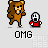 Pixel art animation of a brown bear and small red-shirted figure walking side-by-side with 'OMG' text below each frame.
