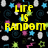 Pixelated yellow text 'LIFE IS RANDOM' and 'SB AM' on black background with scattered blue stars, pink circles, and white shapes.