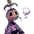 Pixelated cartoon character with purple body, black eyes, and green antennae holding a wine glass on white background.