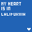 A static contact sheet of 8 animated frames showing pixelated text variations on a blue background with white heart icons, each frame displaying "MY HEART IS IN" followed by different misspelled or stylized versions of "California".