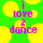 Green background with yellow circles and purple text reading 'i love 2 dance' in pixelated font.