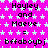 Pixelated text and symbols on a bright pink background with white stars, featuring repeated phrases and a gray rectangle in the bottom-right corner.