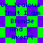 Pixelated text repeats across a green and purple checkered background with diamond-shaped patterns.