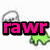 Green dinosaur icon with pink text 'rawr' and speech bubble, transitioning to 'im a dino' with additional green dinosaur silhouette.