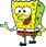 Pixelated yellow sponge character with green hair, white shirt, brown shorts, red tie, and black shoes in two poses against gray background.