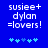 Blue background with white pixelated text reading 'susiee+ dylan =lovers!' and five light blue plus signs below.