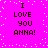 Bright pink background with white pixelated dots; four identical text blocks reading "I LOVE YOU ANNA!" in dark brown block letters arranged in a