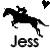 Two pixelated black horse-and-rider silhouettes with heart symbols above, one displaying 'Jess' in gray text and the other in blue text.