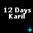 Black background with white text '12 Days Karil' repeated across three , animated cyan symbols including plus signs and X shapes changing position