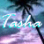 Pixelated beach scene with palm trees and a pinkish shore, featuring the name 'Fasha' in stylized white text with cyan outlines.