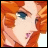 Pixelated anime-style close-up of a character with orange hair and blue eyes, next to stylized text on a black background.