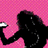 Pixelated image of a black silhouette dancing against pink background with neon text about music and iPod.