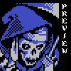 Pixel art skull with blue and gray tones, wearing a blue hat, holding a sword-like object against black background with vertical 'PREVIEW' text.