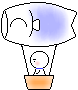 Pixelated hot air balloon with blue and white balloon, orange basket, and a small character with pink cheeks and blue collar.