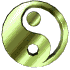 Animated sequence of metallic yin-yang symbols rotating through multiple angles and color variations against a gray background.
