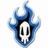 Blue flame-shaped icon with a white skull at center, set against a white background with blue and white pixelated edges.