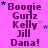 A static image with a bright pink background displays repeated text in dark purple, surrounded by scattered blue and light purple stars.