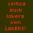 A static image with four quadrants displaying the text "celtics suck lakers own LAKERS!" in orange pixelated font on dark green, red-brown, bright red, and deep red backgrounds.