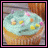 A 4-frame animated contact sheet showing a cupcake with light blue frosting and colorful sprinkles, where each frame displays different text above the cupcake.
