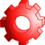 Red gear-shaped icon with gradient shading and pixelated edges on white background