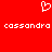 Red background with white pixelated heart symbol above two instances of the text 'cassondra' in lowercase.