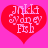 Two identical red heart-shaped icons on a bright pink background, each containing pixelated text and musical notes.