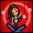 Pixel art buddy icon featuring a cartoon woman on red background with hanging white symbols and text stating she can talk and piss simultaneously.