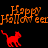 Pixelated orange 'Happy Halloween' text and red cat icons on black background with gray corner overlay.