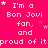 A bright pink background displays repeated text 'I'm a Bon Jovi fan, and proud of it' with small white stars scattered throughout.